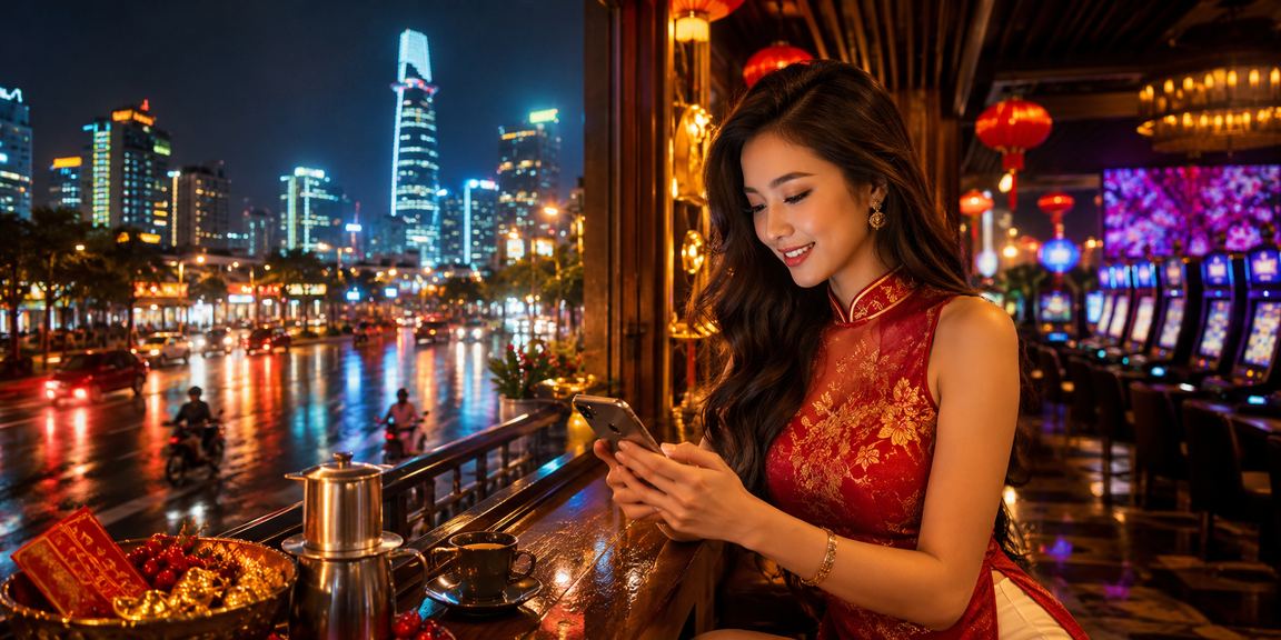 Người dùng tại Thành phố Hồ Chí Minh thao tác casino mobile trong quán cà phê